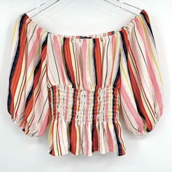Venus Multi-Colored Vertical Stripes Smocked Top | Size: Small - Picture 2 of 3